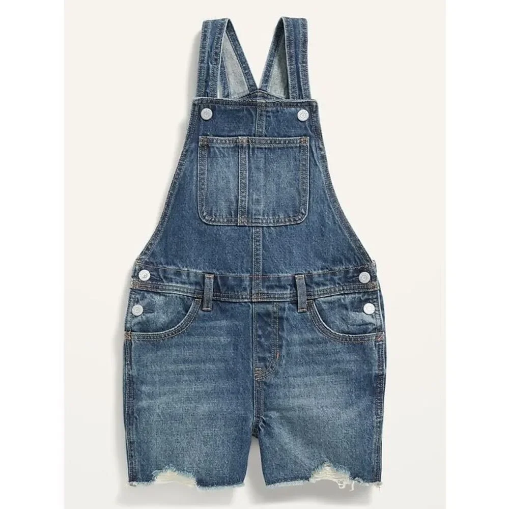 Old Navy Girls Medium Wash Frayed Hem Jean Shortalls Size 8